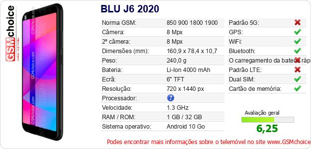 BLU J6 2020 Especificações técnicas do telemóvel BLU J6 2020 Especificações técnicas do telemóvel