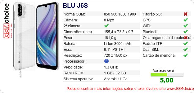 BLU J6S Especificações técnicas do telemóvel BLU J6S Especificações técnicas do telemóvel