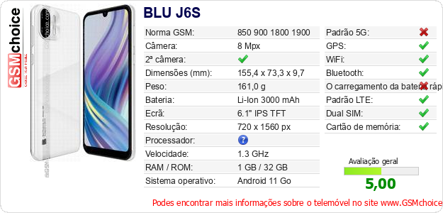 BLU J6S Especificações técnicas do telemóvel 