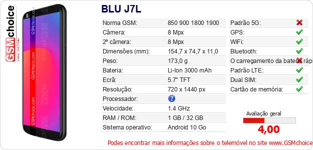 BLU J7L Especificações técnicas do telemóvel BLU J7L Especificações técnicas do telemóvel