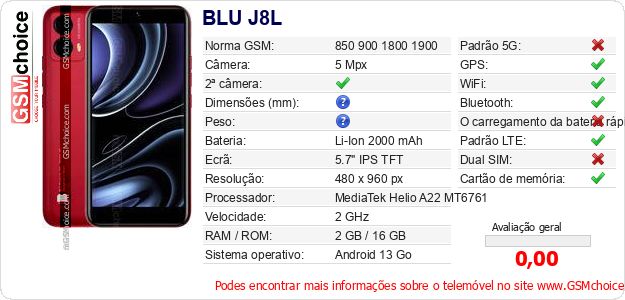 BLU J8L Especificações técnicas do telemóvel BLU J8L Especificações técnicas do telemóvel