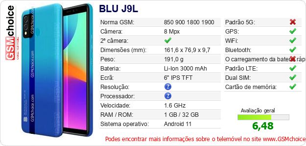 BLU J9L Especificações técnicas do telemóvel BLU J9L Especificações técnicas do telemóvel