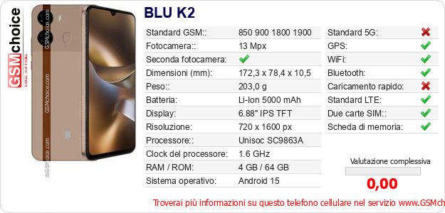 BLU K2 Dati tecnici di telefono cellulare 