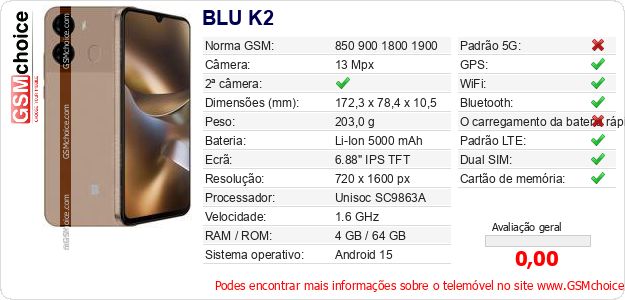 BLU K2 Especificações técnicas do telemóvel BLU K2 Especificações técnicas do telemóvel