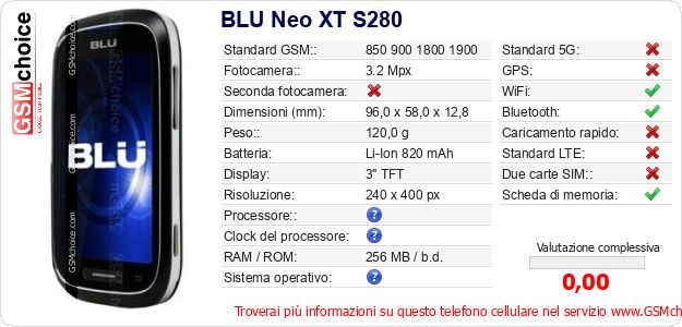BLU Neo XT S280 Dati tecnici di telefono cellulare BLU Neo XT S280 Dati tecnici di telefono cellulare