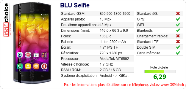 BLU Selfie Fiche technique BLU Selfie Fiche technique