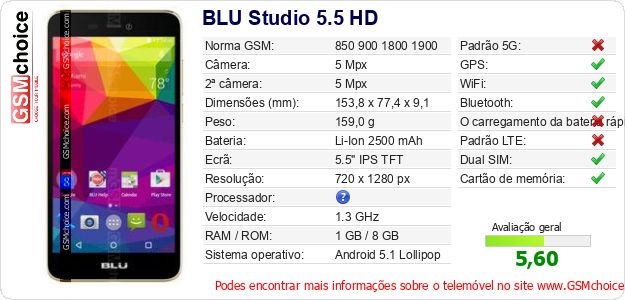 BLU Studio 5.5 HD Especificações técnicas do telemóvel BLU Studio 5.5 HD Especificações técnicas do telemóvel