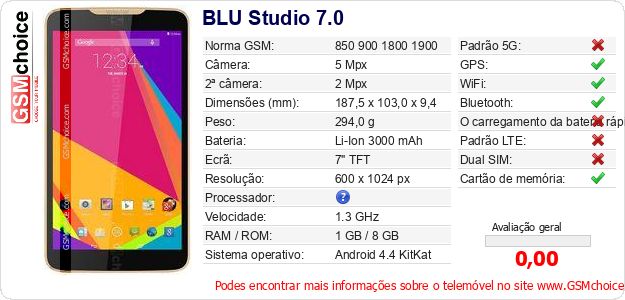 BLU Studio 7.0 Especificações técnicas do telemóvel BLU Studio 7.0 Especificações técnicas do telemóvel