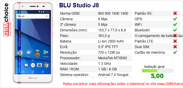 BLU Studio J8 Especificações técnicas do telemóvel BLU Studio J8 Especificações técnicas do telemóvel