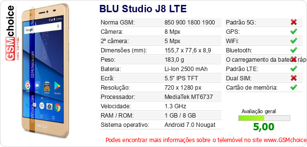 BLU Studio J8 LTE Especificações técnicas do telemóvel BLU Studio J8 LTE Especificações técnicas do telemóvel