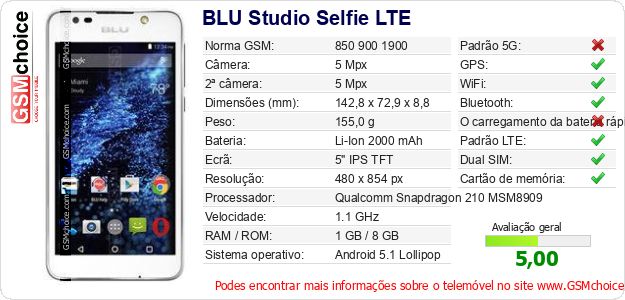 BLU Studio Selfie LTE Especificações técnicas do telemóvel BLU Studio Selfie LTE Especificações técnicas do telemóvel