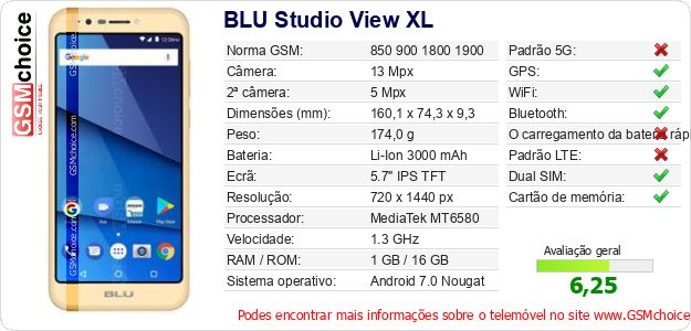 BLU Studio View XL Especificações técnicas do telemóvel BLU Studio View XL Especificações técnicas do telemóvel