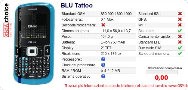 BLU Tattoo Dati tecnici di telefono cellulare BLU Tattoo Dati tecnici di telefono cellulare