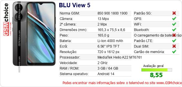 BLU View 5 Especificações técnicas do telemóvel BLU View 5 Especificações técnicas do telemóvel