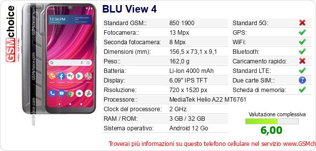 BLU View 4 Dati tecnici di telefono cellulare BLU View 4 Dati tecnici di telefono cellulare