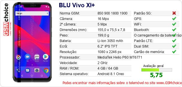 BLU Vivo XI+ Especificações técnicas do telemóvel BLU Vivo XI+ Especificações técnicas do telemóvel