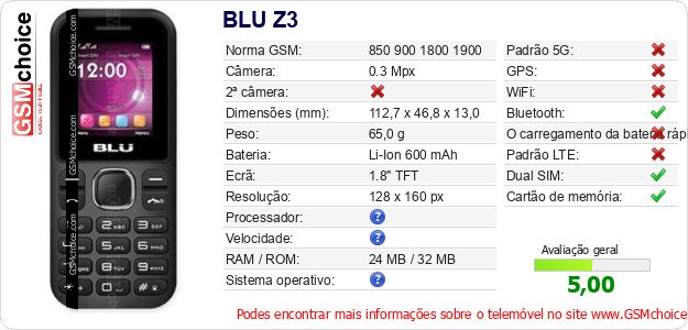 BLU Z3 Especificações técnicas do telemóvel BLU Z3 Especificações técnicas do telemóvel