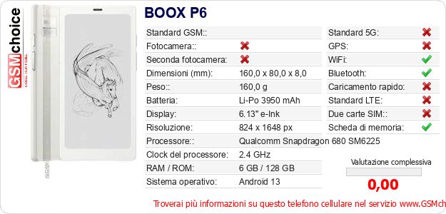 BOOX P6 Dati tecnici di telefono cellulare BOOX P6 Dati tecnici di telefono cellulare