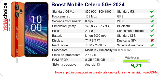 Boost Mobile Celero 5G+ 2024 Dati tecnici di telefono cellulare 