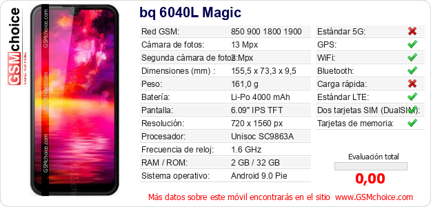 bq 6040L Magic Datos técnicos del móvil 