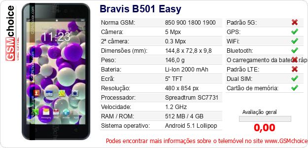 Bravis B501 Easy Especificações técnicas do telemóvel 