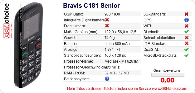 Bravis C181 Senior technische Daten Bravis C181 Senior technische Daten
