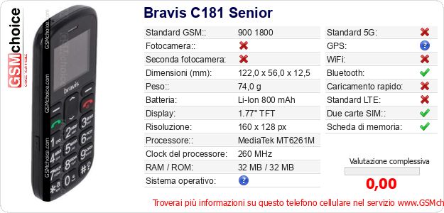 Bravis C181 Senior Dati tecnici di telefono cellulare Bravis C181 Senior Dati tecnici di telefono cellulare