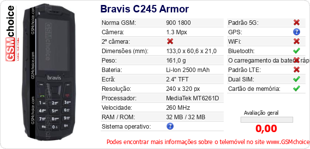 Bravis C245 Armor Especificações técnicas do telemóvel 