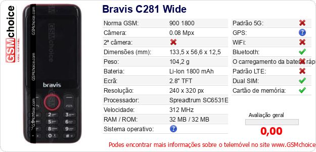 Bravis C281 Wide Especificações técnicas do telemóvel Bravis C281 Wide Especificações técnicas do telemóvel