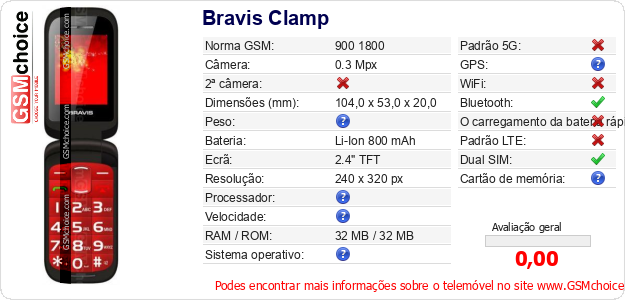 Bravis Clamp Especificações técnicas do telemóvel Bravis Clamp Especificações técnicas do telemóvel