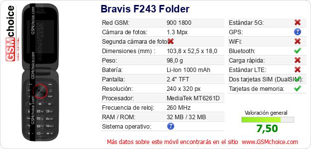 Bravis F243 Folder Datos técnicos del móvil 