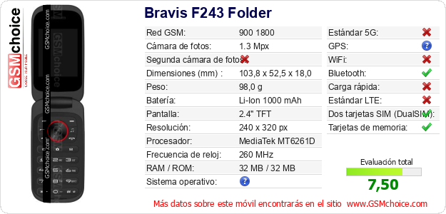Bravis F243 Folder Datos técnicos del móvil 