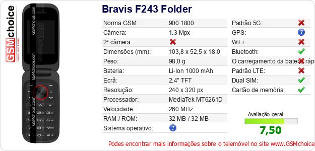 Bravis F243 Folder Especificações técnicas do telemóvel Bravis F243 Folder Especificações técnicas do telemóvel
