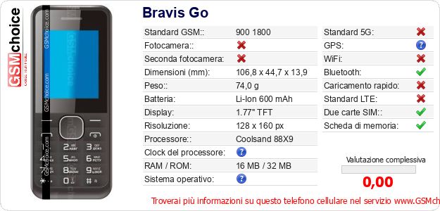 Bravis Go Dati tecnici di telefono cellulare 