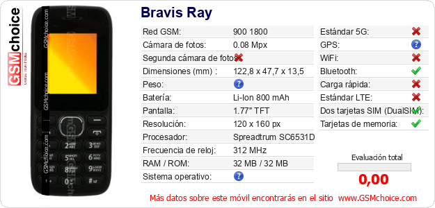 Bravis Ray Datos técnicos del móvil 