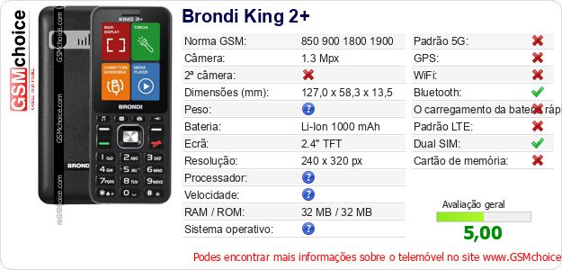 Brondi King 2+ Especificações técnicas do telemóvel Brondi King 2+ Especificações técnicas do telemóvel