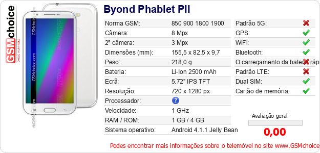 Byond Phablet PII Especificações técnicas do telemóvel Byond Phablet PII Especificações técnicas do telemóvel