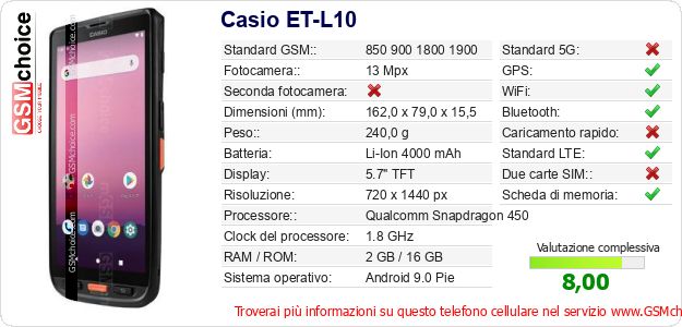 Casio ET-L10 Dati tecnici di telefono cellulare Casio ET-L10 Dati tecnici di telefono cellulare