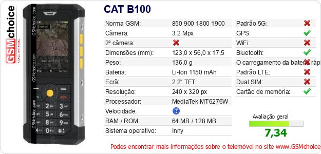 CAT B100 Especificações técnicas do telemóvel 