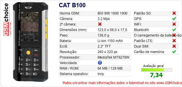 CAT B100 Especificações técnicas do telemóvel CAT B100 Especificações técnicas do telemóvel