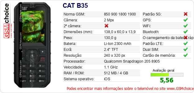 CAT B35 Especificações técnicas do telemóvel CAT B35 Especificações técnicas do telemóvel
