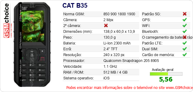 CAT B35 Especificações técnicas do telemóvel CAT B35 Especificações técnicas do telemóvel