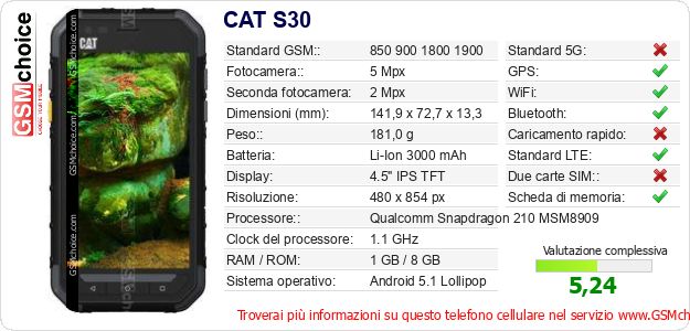 CAT S30 Dati tecnici di telefono cellulare 