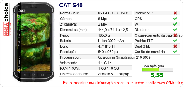 CAT S40 Especificações técnicas do telemóvel CAT S40 Especificações técnicas do telemóvel