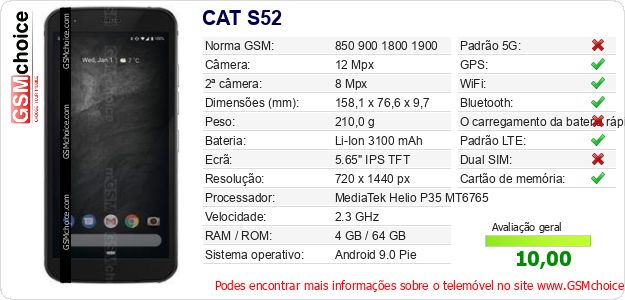 CAT S52 Especificações técnicas do telemóvel CAT S52 Especificações técnicas do telemóvel