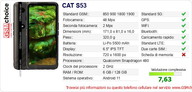 CAT S53 Dati tecnici di telefono cellulare CAT S53 Dati tecnici di telefono cellulare