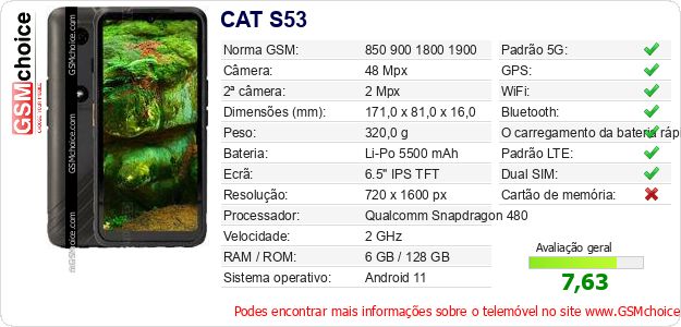 CAT S53 Especificações técnicas do telemóvel CAT S53 Especificações técnicas do telemóvel