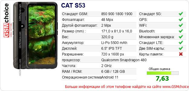 CAT S53 Технические данные телефона CAT S53 Технические данные телефона
