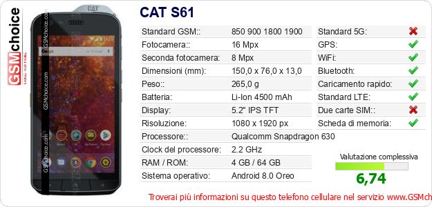 CAT S61 Dati tecnici di telefono cellulare 