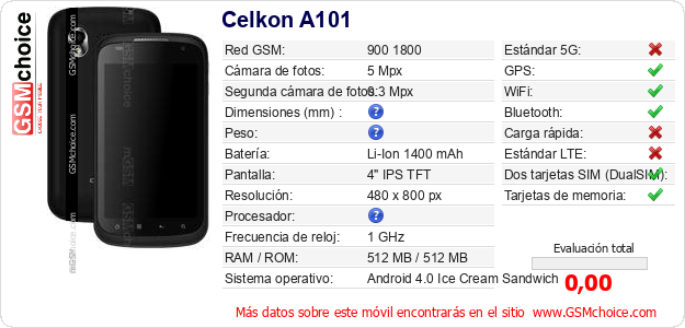 Celkon A101 Datos técnicos del móvil Celkon A101 Datos técnicos del móvil